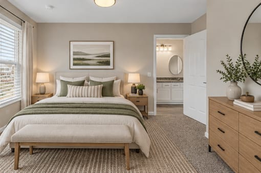 A bedroom with a large bed and a painting on the wall.