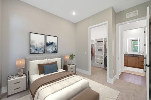 a bedroom with a bed and a closet at Four23/Hoge, Cincinnati, OH, 45226