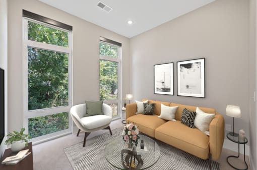 a living room with a couch and a table at Four23/Hoge, Cincinnati, Ohio