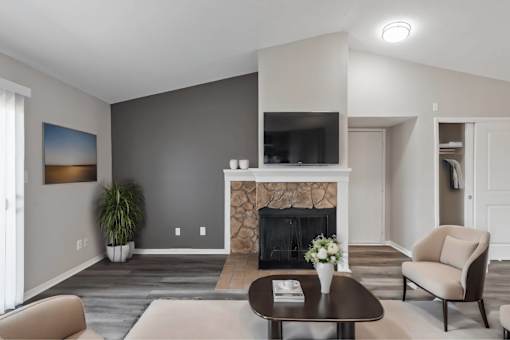Living Room With TV And Fireplace at Crooked Creek, Indianapolis, IN 46268
