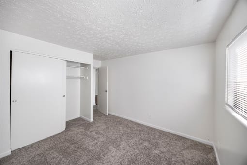 A room with a carpeted floor and white walls.
