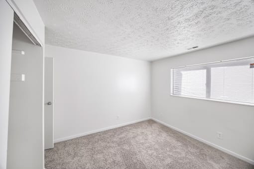 A room with a carpeted floor and a window with blinds.