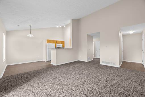 A spacious living room with a carpeted floor and a kitchenette in the background.