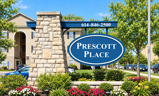 A sign for Prescott Place with a phone number on it.
