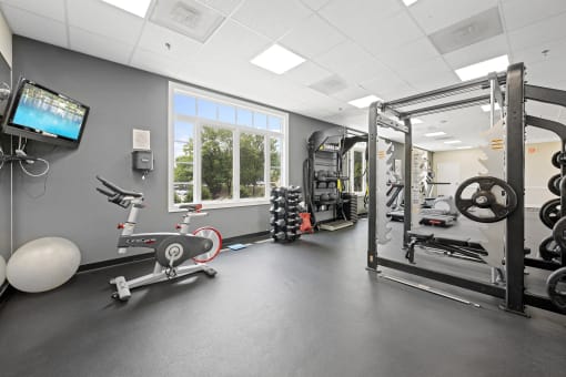 a gym with weights and other exercise equipment and a window