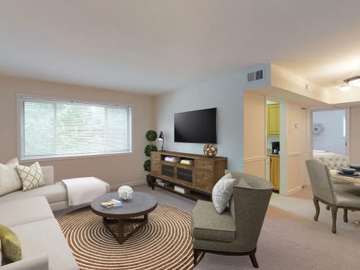 Living room area with modern furniture  at Woodlee Terrace Apartments, Woodbridge, Virginia