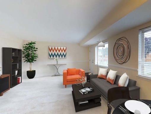 indoor seating area with contemporary sofa and chair at Gainsborough Court Apartments, Fairfax, VA, 22030