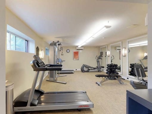 Residential gym area with treadmill and various other types of equipment at Gainsborough Court Apartments, Fairfax