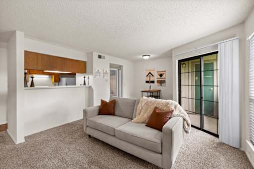 A living room with a grey couch and a brown pillow.