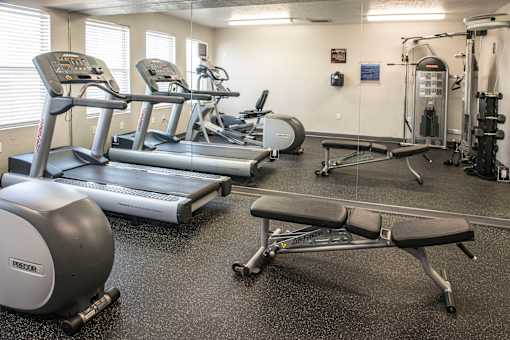 A gym with treadmills, elliptical machines, and other exercise equipment.