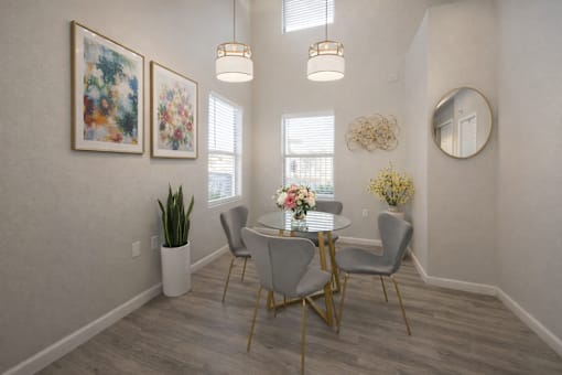 A dining room with a table set for four.
