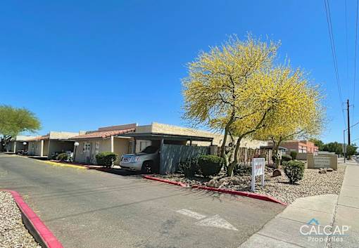 A sunny day at a commercial property with a yellow tree in front.