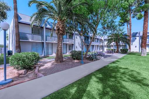 A sunny day at a resort with palm trees and a building in the background.