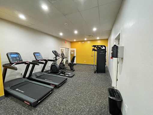 A gym with treadmills, elliptical machines, and a weight rack.