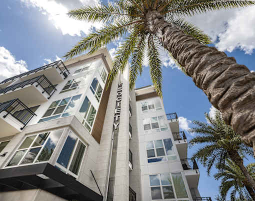 A tall building with the word "CONSTANTLY" on the side is surrounded by palm trees.