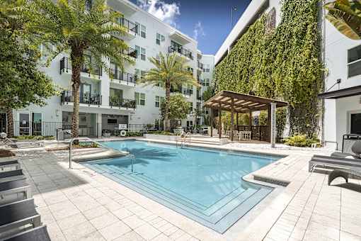 A pool surrounded by palm trees and a building with a green wall.