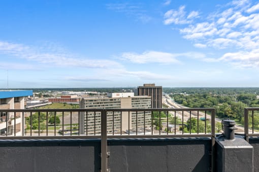 a view of the city from the top of the building