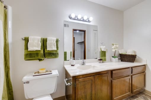 Bathroom in the one-bedroom model unit at Olde English Village, featuring a bathroom sink and water closet.