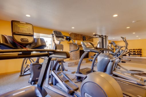 Olde English Village fitness center with treadmills, weights, and other exercise equipment.