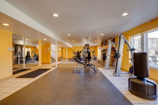 The fitness center at Olde English Village, featuring a variety of exercise equipment in a well-lit space.