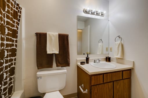 Regency Woods Model Unit Bathroom Bathroom in a Regency Woods model unit featuring a white toilet and a brown towel.