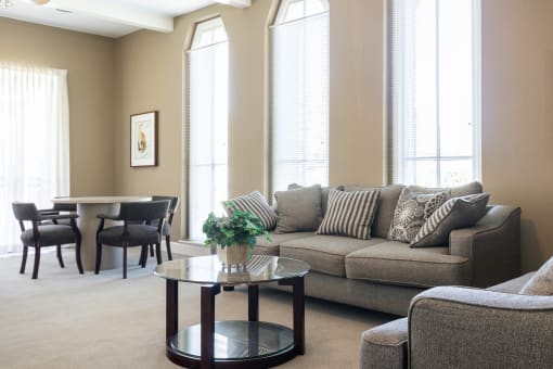 The interior of the clubhouse at Regent’s Walk Apartment Homes, designed for community events.