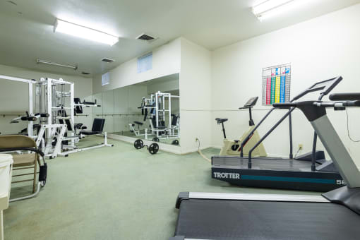 A well-equipped Regent's Walk Apartment Homes fitness center features cardio machines, free weights, and strength-training equipment.