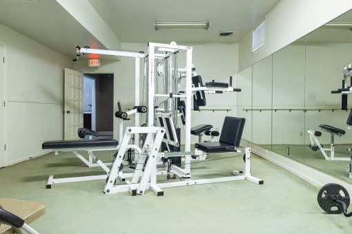 A well-equipped Regent's Walk Apartment Homes fitness center features cardio machines, free weights, and strength-training equipment.
