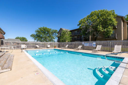 Swimming pool in front of the Southfork Apartments clubhouse.