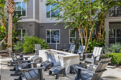 an outdoor patio with chairs and a fire pit