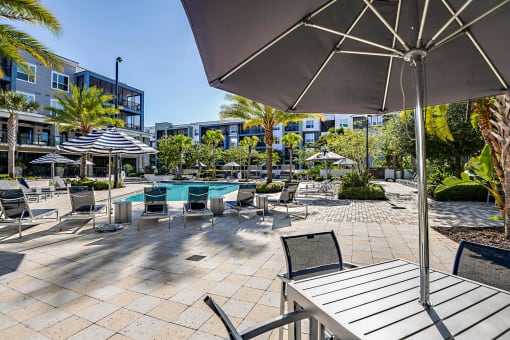 a patio with tables chairs and umbrellas and a pool