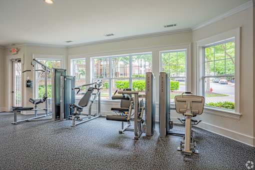 A gym with a variety of equipment including a treadmill, a stationary bike, and a rowing machine.