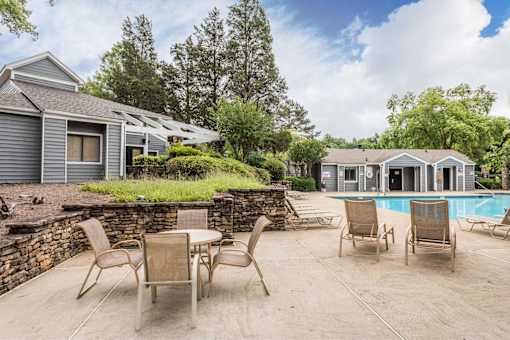 A backyard with a pool and patio furniture.