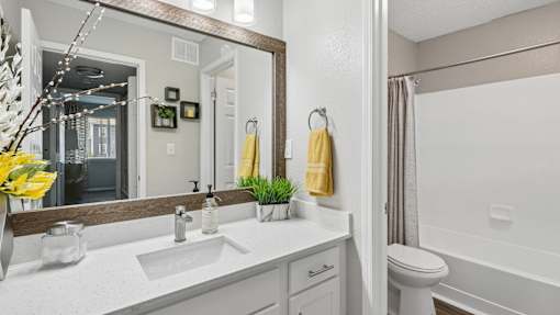 A bathroom with a white countertop and a large mirror.