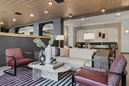 Modern lobby lounge with contemporary seating at The Piermont Apartments, Hillsdale