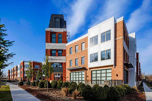 Modern apartment building with historic tower feature at The Piermont Apartments, New Jersey
