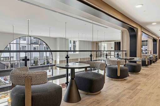 Upper level seating lounge with city views at The Piermont Apartments, Hillsdale