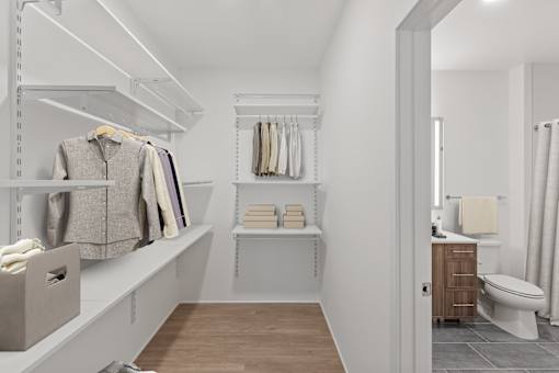 A white bathroom with a toilet, sink, and a walk-in closet.