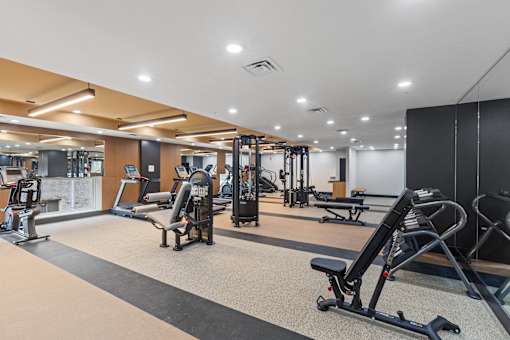 A gym with a variety of equipment including treadmills, weights, and exercise machines.