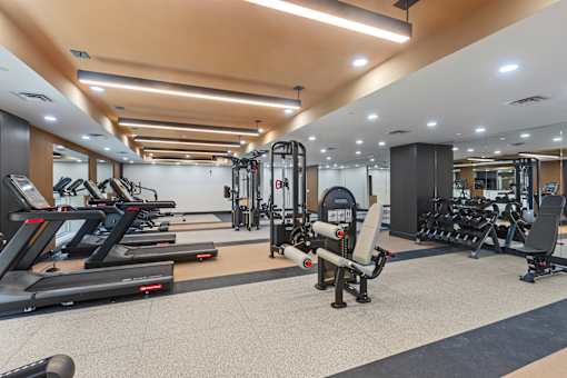 A gym with treadmills, weights, and exercise machines.