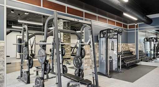 A gym with a variety of weightlifting equipment at Vintage Raleigh West Apartments, North Carolina, 27607
