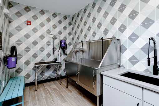 A kitchen with a white tile wall and a stainless steel sink.