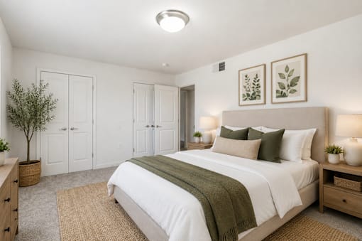 A bedroom with a large bed and a green blanket.
