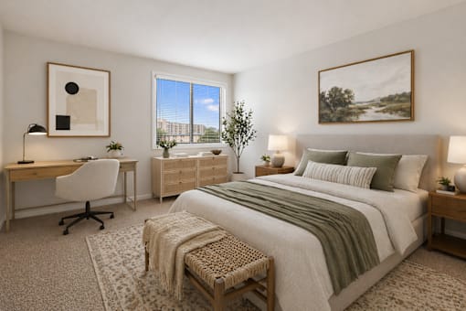 A bedroom with a large bed, a desk with a chair, and a window overlooking a cityscape.