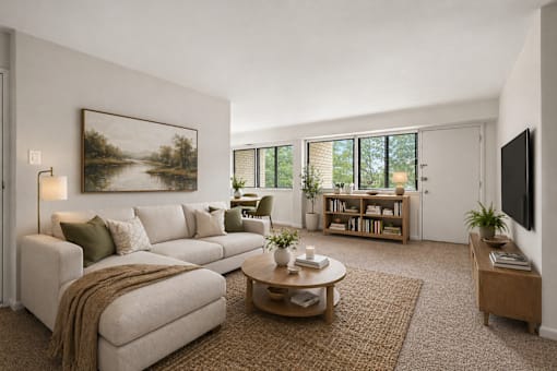 A living room with a couch, a coffee table, and a painting on the wall.