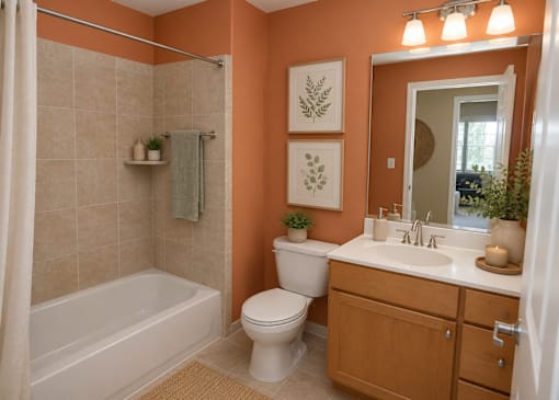 A bathroom with orange walls has a white toilet and a white sink.