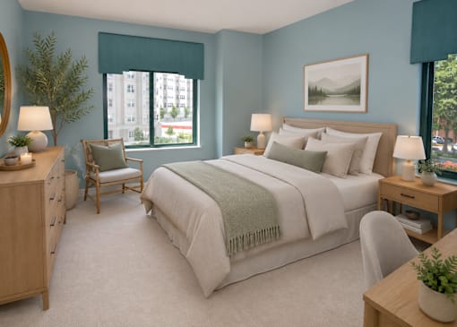 A bedroom with a large bed, a chair, a nightstand, and a table with a plant on it.