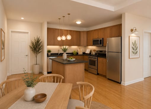 A modern kitchen with wooden cabinets and stainless steel appliances.