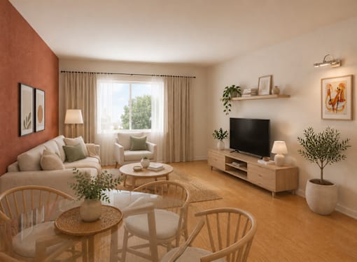 A living room with a television, a sofa, a coffee table, and a potted plant.