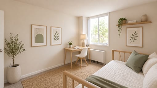 A cozy bedroom with a bed, desk, and chair.